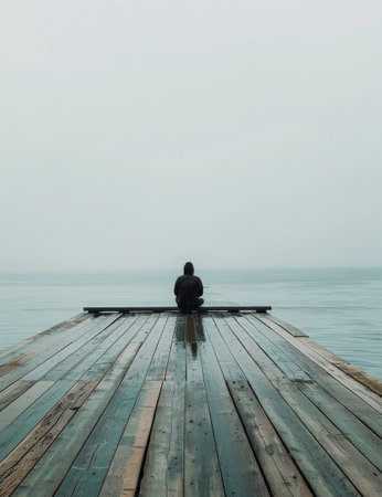 A person is sitting on a dock, facing out towards the vast ocean. The individual appears contemplative as they take in the view of the water. The scene is peaceful and quiet, with the sound of gentle waves lapping against the dock.の素材