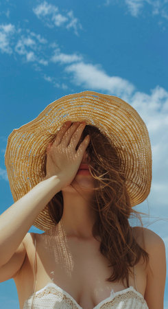 A woman wearing a white dress and straw hat stands outdoors.の素材