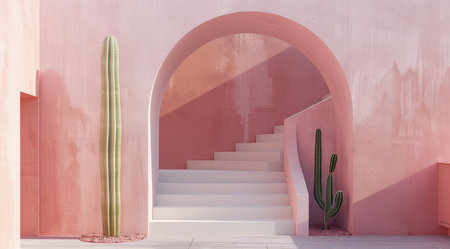 A cactus plant stands in front of a vibrant pink wall, creating a striking contrast in colors.の素材