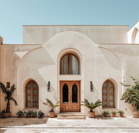 A large building is surrounded by numerous green plants in the foreground, creating a lush and inviting atmosphere.の素材