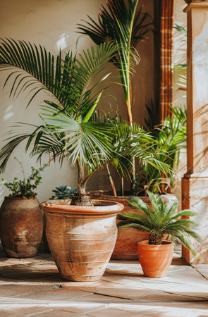 Several potted plants of different varieties are positioned in close proximity to one another, creating a clustered arrangement. The pots are varied in size and shape, enhancing the visual interest of the display.の素材