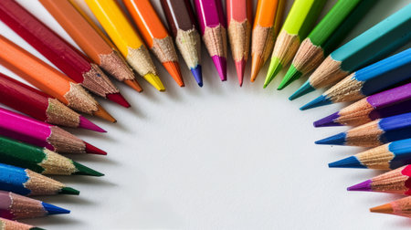 Colored pencils neatly arranged in a circular formation.の素材