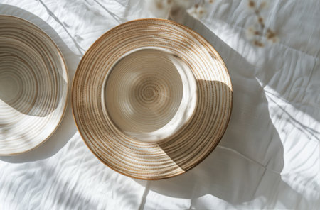 A collection of bowls of various sizes and colors are neatly arranged on top of a white sheet. The bowls appear to be stationary and are not in use.の素材