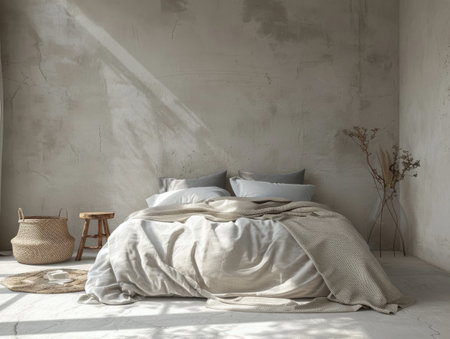 A bedroom with industrial-style concrete walls and a spacious, modern bed dominating the space. The room is minimalistic and sleek, with a focus on simplicity and functionality.の素材