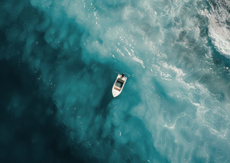 A small boat navigating through the vast expanse of the ocean.の素材