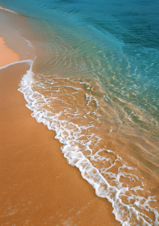A birds-eye view of a beach shoreline as waves roll in, creating white foam and patterns in the sand.の素材