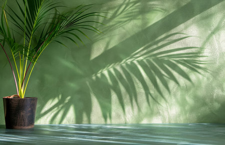 A palm tree is casting a shadow on a green wall, creating an interesting contrast between the natural element and manmade surface.の素材