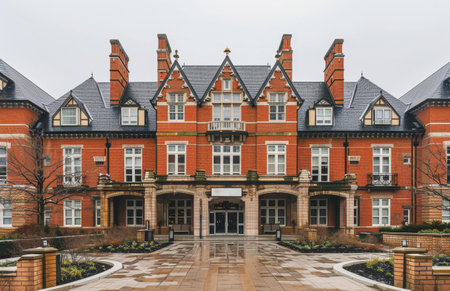 A large building is surrounded by numerous green plants in the foreground, creating a lush and inviting atmosphere.の素材