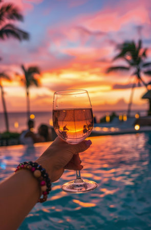 A person stands by a swimming pool, holding a wine glass in their hand.の素材