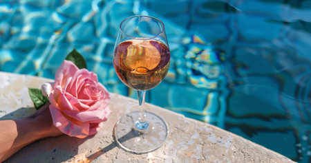 A person standing next to a pool, holding a glass of wine. The person is casually dressed and appears relaxed. The pool is clear blue, reflecting the surroundings.の素材