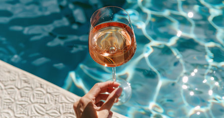A person standing by a large swimming pool, holding a glass of wine in their hand. The pool is clear blue, reflecting the surrounding palm trees and a clear sky above.の素材