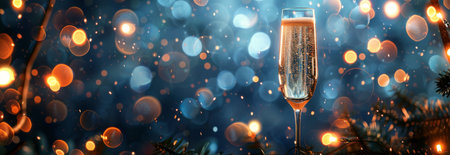 A glass of champagne elegantly placed on top of a wooden table, reflecting light and creating a luxurious ambiance.の素材