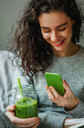 A woman standing and holding a drink in one hand while looking at her cell phone in the other hand. She appears focused on the screen as she checks messages or social media updates.の素材