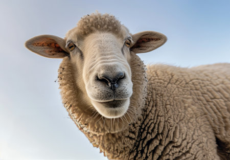 A close-up shot of a sheep staring directly at the camera with a curious expression on its face. The fluffy white wool of the sheep is detailed and its eyes are bright and alert.の素材