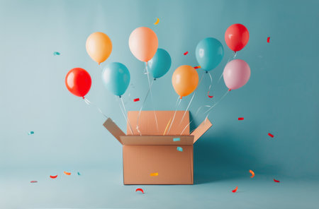 A box releasing colorful balloons that float into the sky, creating a joyful and whimsical scene.の素材
