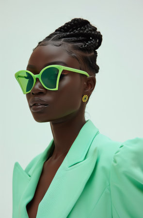 A woman is pictured wearing bright neon green sunglasses and a matching green jacket. She is standing confidently, exuding style and fashion with her bold accessories.の素材