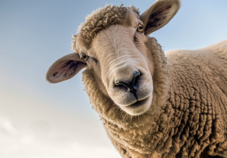 A close-up view of a sheep looking directly at the camera. The sheeps fluffy white wool and expressive eyes are prominently featured in the frame.の素材