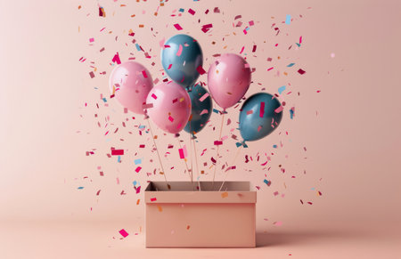 A box overflowing with pink and blue balloons ready to be released and create a festive atmosphere.の素材