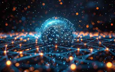 The Earth depicted with a network of interconnected lines and dots, symbolizing global connectivity and communication.の素材
