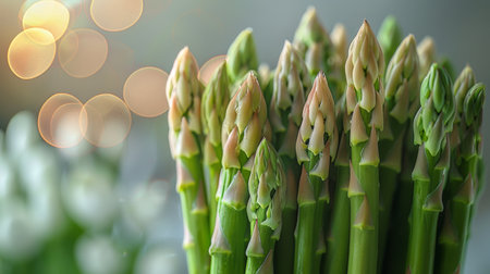 A close-up view of a plate filled with fresh and vibrant green asparagus spears, cooked to perfection and ready to be enjoyed.の素材