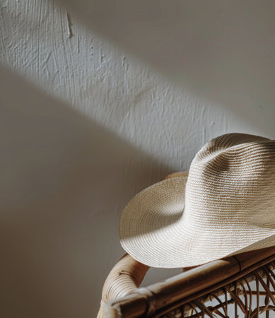 A white hat placed on top of a wicker basket, creating a simple yet quaint composition.の素材