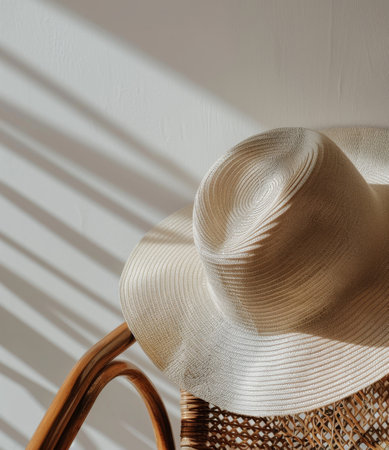 A white hat placed on top of a wicker basket, creating a simple yet quaint composition.の素材
