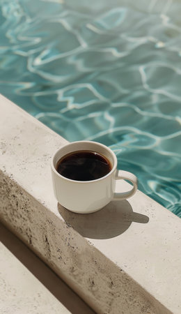 A cup of coffee placed on a table next to a crystal-clear swimming pool on a sunny day.の素材