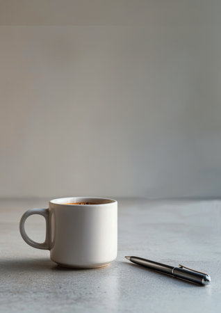 A white coffee cup is placed on top of a table, ready to be enjoyed.の素材