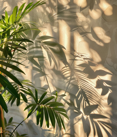 A palm trees shadow contrasts sharply against a wall in a stark play of light and dark.の素材