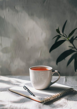 A teacup and saucer sit beside an open book, creating a cozy reading scene with a warm drink.の素材