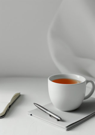 A cup of coffee and a notebook placed on a neatly made bed.の素材