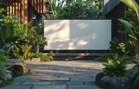 A white sign stands in front of a vibrant green building, contrasting against the lush foliage and adding a touch of simplicity to the scene.の素材