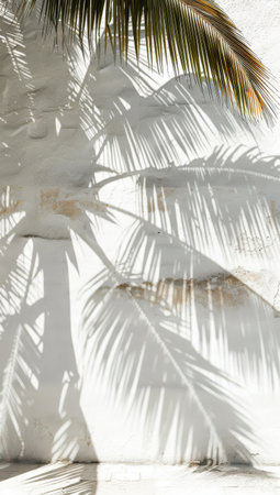 A shadow cast by a palm tree on a plain white wall, creating a striking contrast.の素材