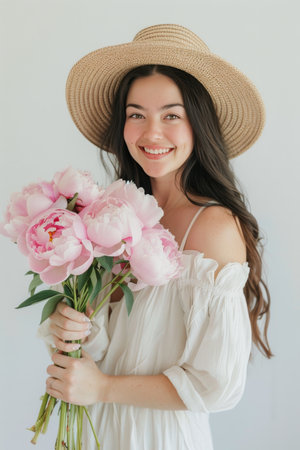 A woman wearing a hat is holding a colorful bouquet of flowers in her hands.の素材