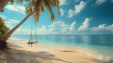 A swing is suspended from a palm tree on a sandy beach by the ocean. The swing sways gently in the breeze, with the blue water and clear sky in the background.の素材