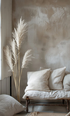 A white vase sits atop a white dresser in a minimalist setting.の素材