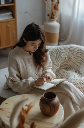 A woman is seated on a couch, focused on writing in a book.の素材