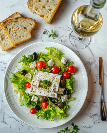 A white plate with a colorful salad, topped with dressing, placed next to a glass of red wine on a wooden table.の素材