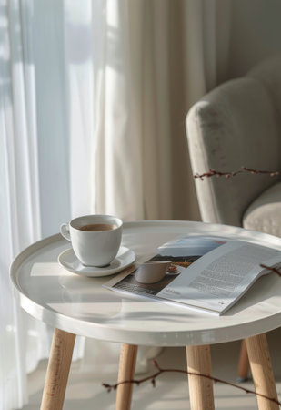 A table with a magazine opened on it, next to a cup of coffee.の素材