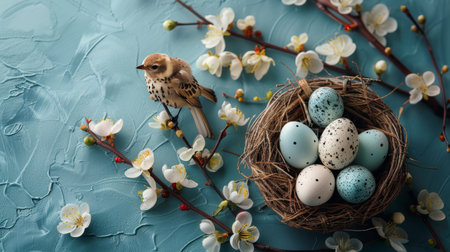 A bird perched on a plate in the center of the image, surrounded by various colorful eggs and blooming flowers. The scene depicts a bird seemingly curious about its surroundings amongst the eggs and floral decorations.の素材