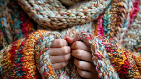 A person is shown holding two balls of yarn in their hands, showcasing knitting or crocheting materials in preparation for a project. The individual hands are visible, each grasping a colorful ball of yarn.の素材
