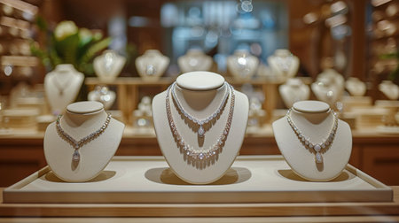A variety of necklaces are neatly arranged and displayed on a shelf. The necklaces differ in style, color, and material, creating a visually appealing arrangement.の素材