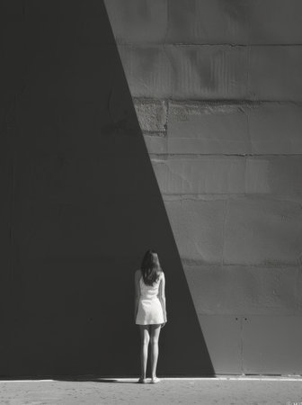 A woman stands facing a wall, with her back to the camera. The wall is plain and gives a sense of solitude.の素材