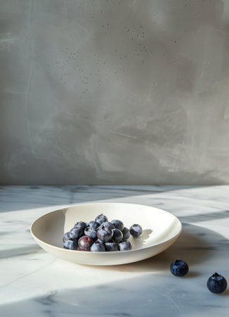 A white bowl sits on a table, filled with fresh blueberries.の素材