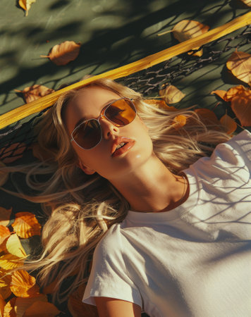 A woman is reclining in a hammock, surrounded by a dense cluster of vibrant green leaves.の素材