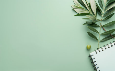 An olive branch and a book displayed on a vibrant green background.の素材
