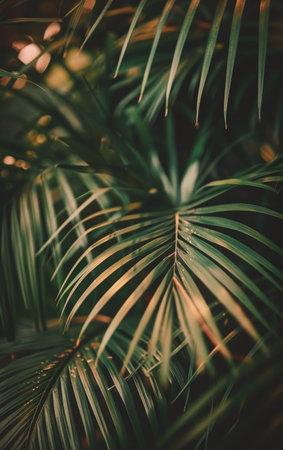 A palm tree stands tall against a clear blue sky with the sun shining brightly.の素材
