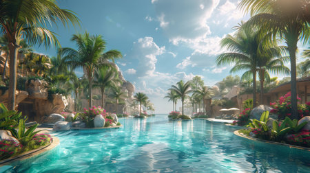 A large swimming pool fills the center of the image, surrounded by tall palm trees with lush green leaves. The pool glistens under the sunlight, while the palm trees provide shade and a tropical ambiance.の素材