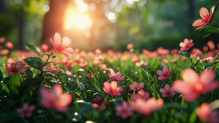 A field filled with blooming pink and white flowers under a clear blue sky on a sunny day.の素材