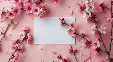A piece of paper sits amidst a cluster of pink flowers.の素材